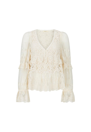 An off-white lace long-sleeve blouse with a V-neckline, ruffled details, and a scalloped hem, shown against a plain white background.