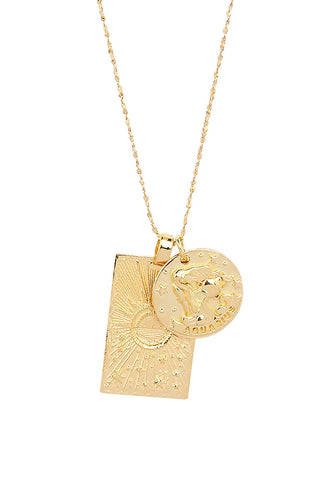 close-up-front-view-of-spell-s-aquarius-stargazer-zodiac-necklace-charms-one-charm-is-of-a-rectangular-shape-and-features-a-sun-with-stars-while-the-other-charm-is-circular-and-features-the-zodiac-label-and-icon