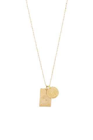 front-view-of-spell-s-virgo-stargazer-zodiac-necklace-the-double-embossed-pendant-charm-necklace-comes-in-22k-gold-vermeil-and-hangs-from-a-twisted-rope-chain